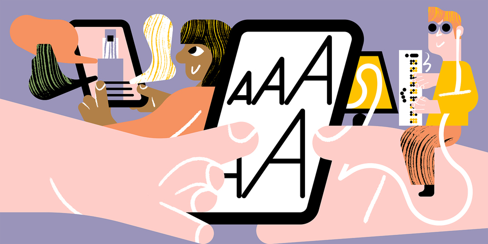 Illustratie van twee handen met een tablet vast, een persoon scrolt op de tablet een andere persoon met visuele beperking gebruikt een brailletoetsenbord.